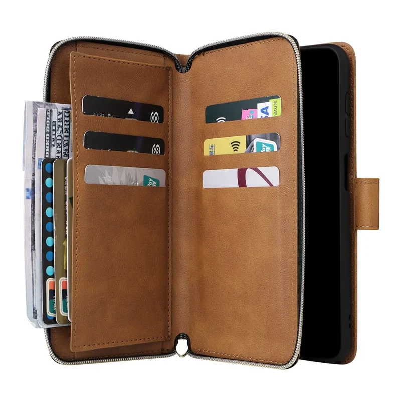 For Samsung Galaxy S26 / S26 Pro Case Zipper Pocket 9 Card Slots PU Leather Phone Cover with Hand Strap - Brown