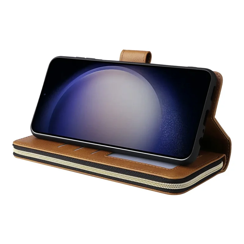 For Samsung Galaxy S26 / S26 Pro Case Zipper Pocket 9 Card Slots PU Leather Phone Cover with Hand Strap - Brown