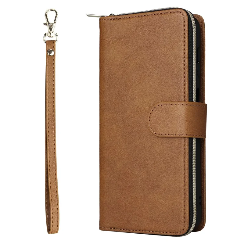 For Samsung Galaxy S26 / S26 Pro Case Zipper Pocket 9 Card Slots PU Leather Phone Cover with Hand Strap - Brown
