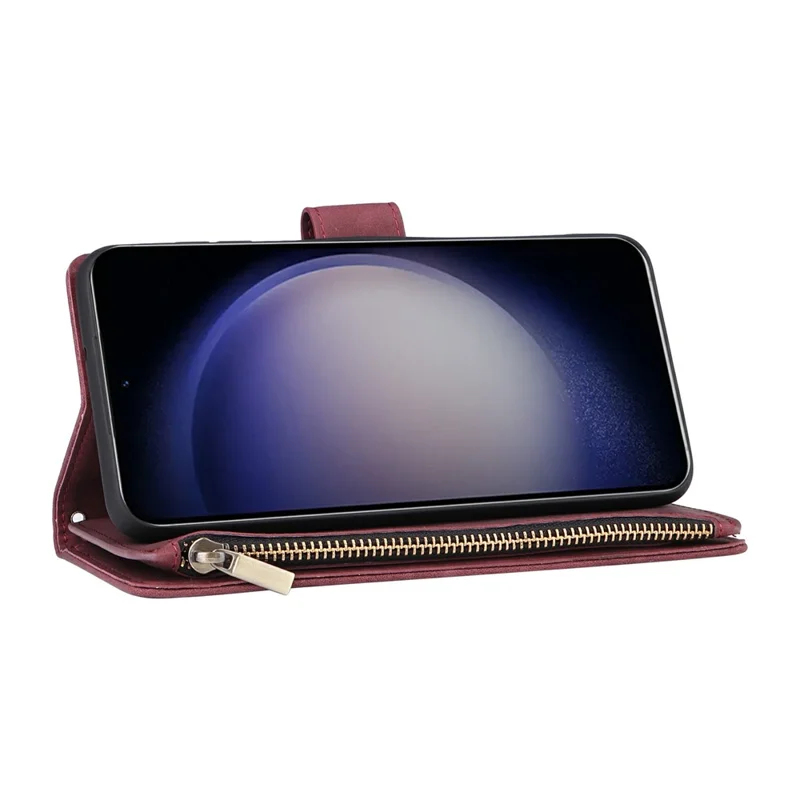 Voor Samsung Galaxy S26 / S26 Pro hoesje met ritsportemonnee meerdere kaarthouders lederen telefoonhoes met polsbandje - Wijnrood