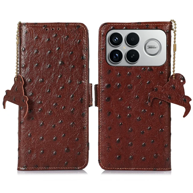 Capa para Xiaomi Poco F8 Ultra / Redmi K90 Pro Max 5G com Bloqueio RFID, Capa em Couro Genuíno de Vaca com Textura de Avestruz - Café