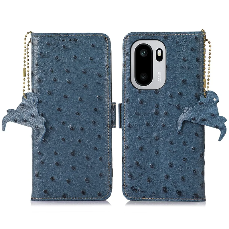 Handyhülle für OnePlus Ace 6 5G, RFID-Schutz, echtes Rindsleder, Straußenleder-Optik - Blau