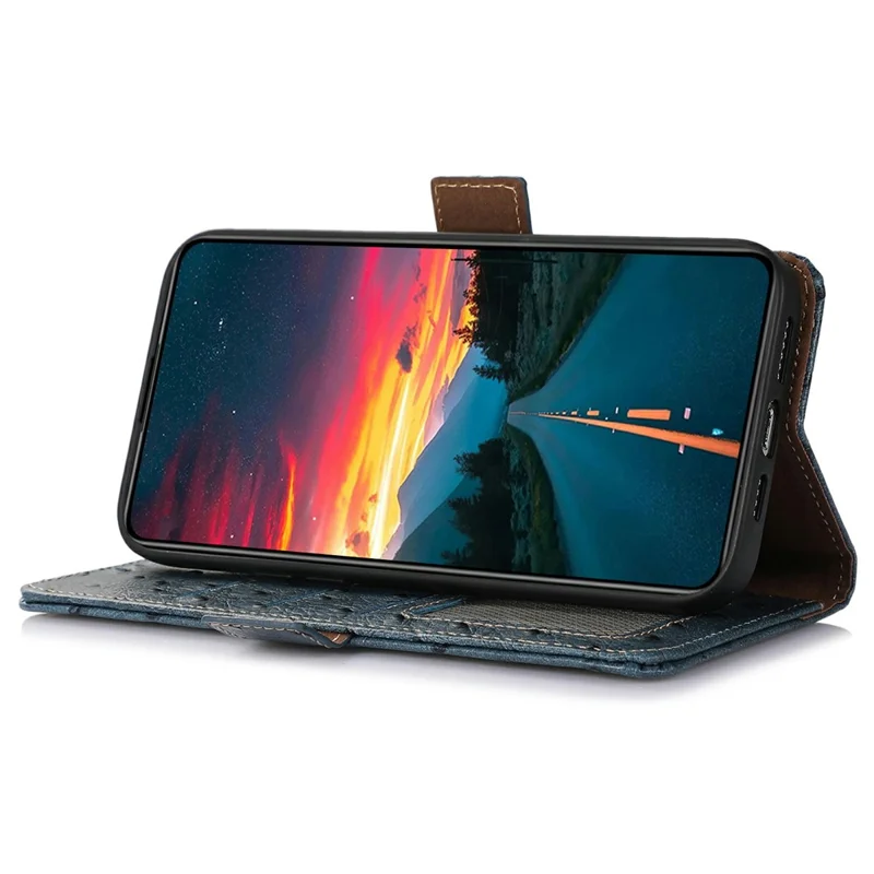 Handyhülle für OnePlus Ace 6 5G, RFID-Schutz, echtes Rindsleder, Straußenleder-Optik - Blau