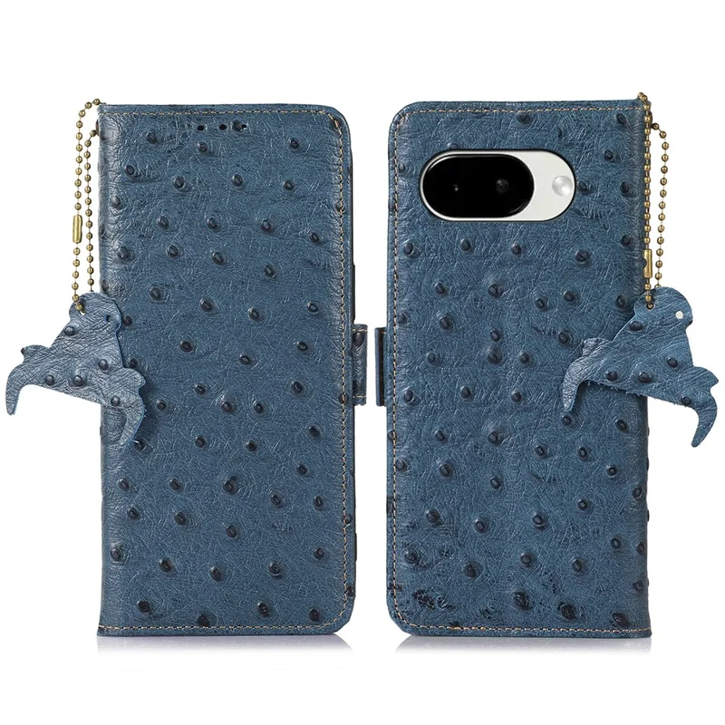 For Google Pixel 10a Case RFID Blocking Genuine Cow Leather Phone Case Ostrich Texture - Blue