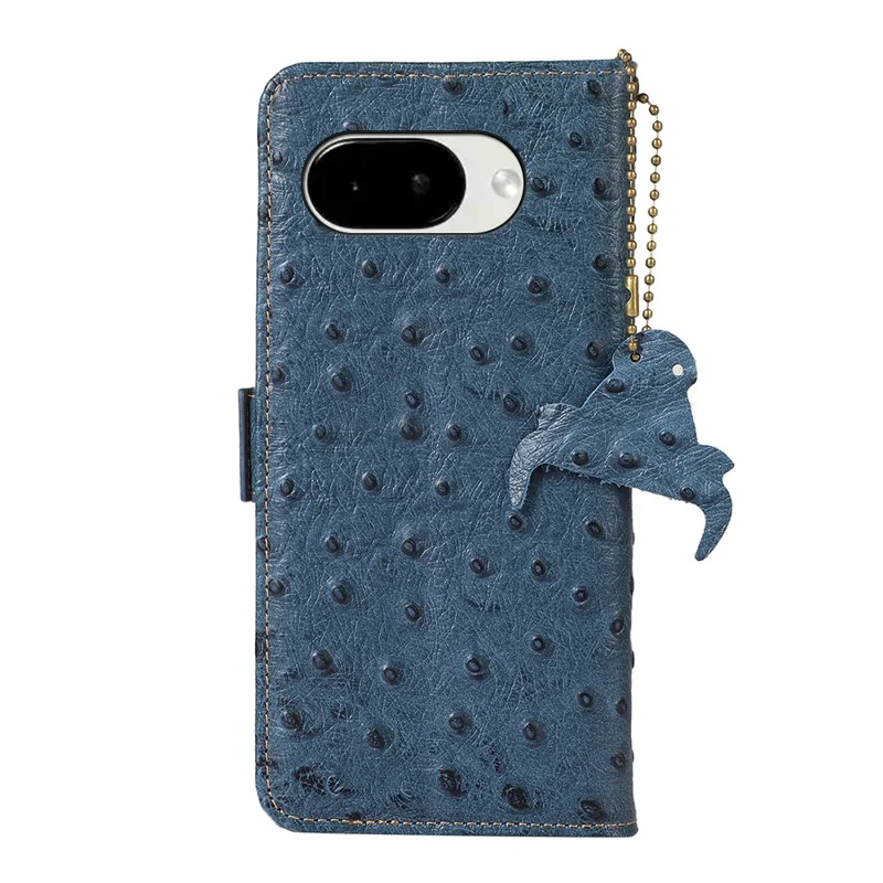 For Google Pixel 10a Case RFID Blocking Genuine Cow Leather Phone Case Ostrich Texture - Blue