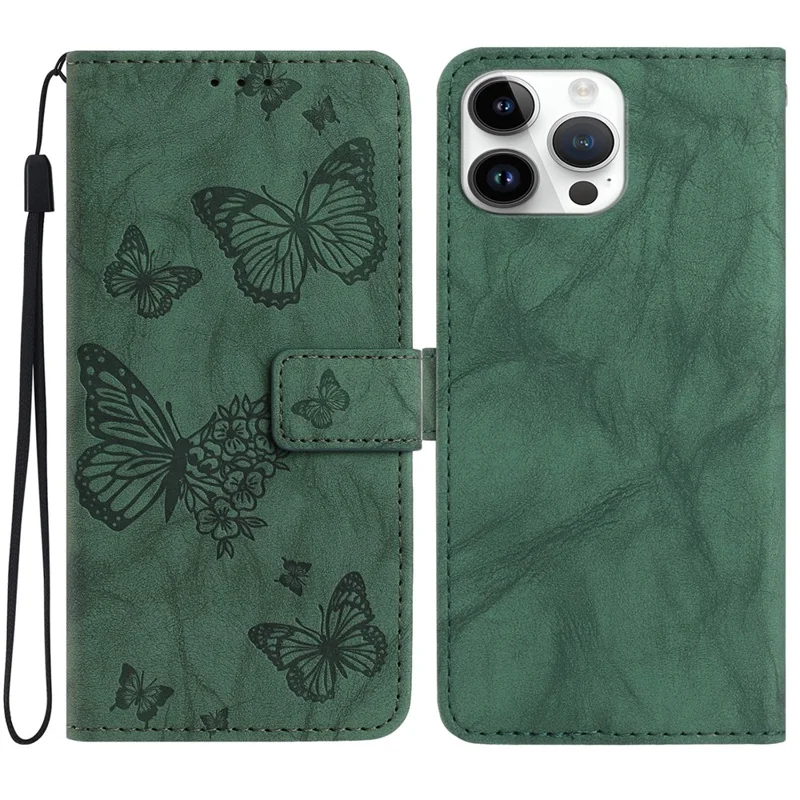 For iPhone 16 Pro Leather Case Butterfly Flower Imprinted Wallet Stand Flip Phone Cover with Wrist Strap - Green