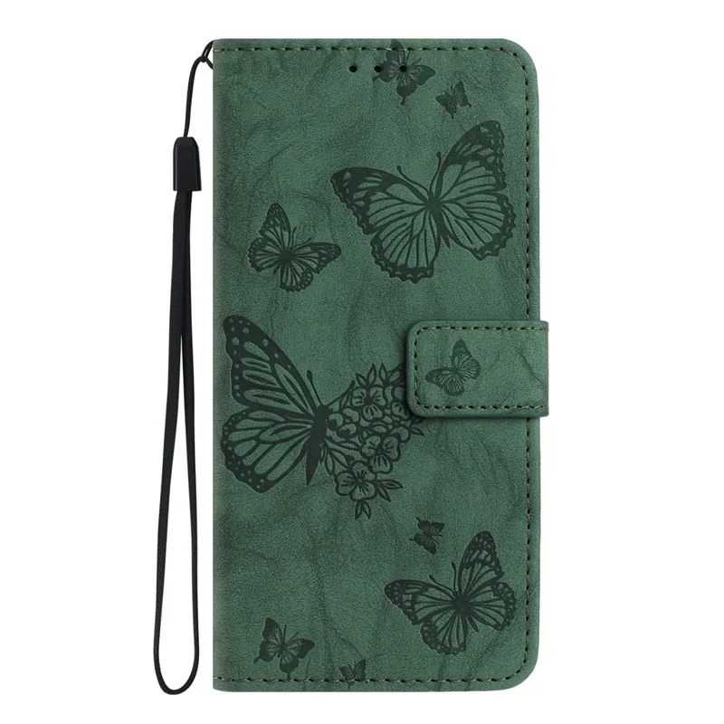 For iPhone 16 Pro Leather Case Butterfly Flower Imprinted Wallet Stand Flip Phone Cover with Wrist Strap - Green