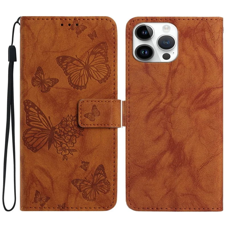 Cover in Pelle per iPhone 16 Pro Max, Cover a Libro con Portafoglio, Stand e Tracolla, con Motivo a Farfalla e Fiore Imbustato - Marrone
