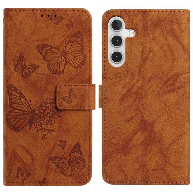 For Samsung Galaxy A26 5G Leather Case Butterfly Flower Imprinted Wallet Stand Flip Phone Cover with Wrist Strap - Brown