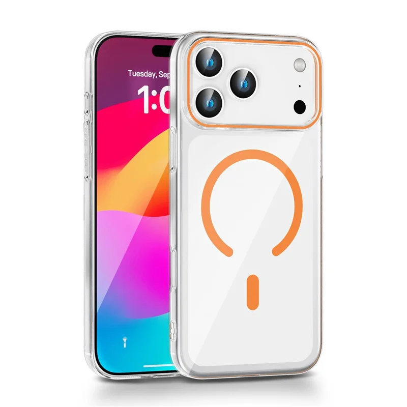 Coque magnétique transparente pour iPhone17 Pro max, coque arrière rigide en PC protectrice compatible MagSafe - Orange