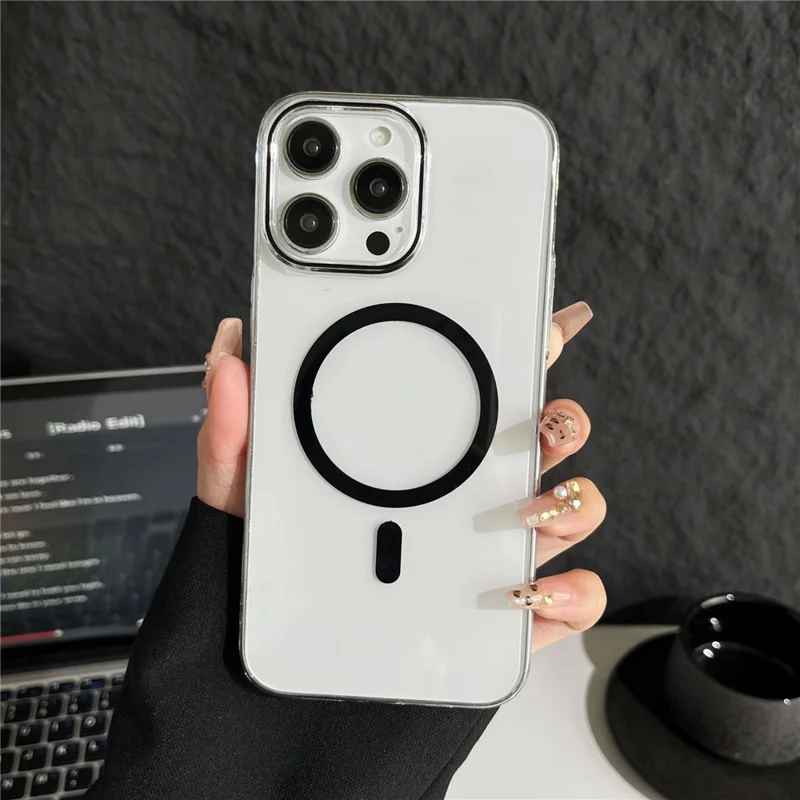 For iPhone 15 Pro Max Clear Magnetic Case Hard PC Phone Protective Back Cover Compatible with MagSafe - Black