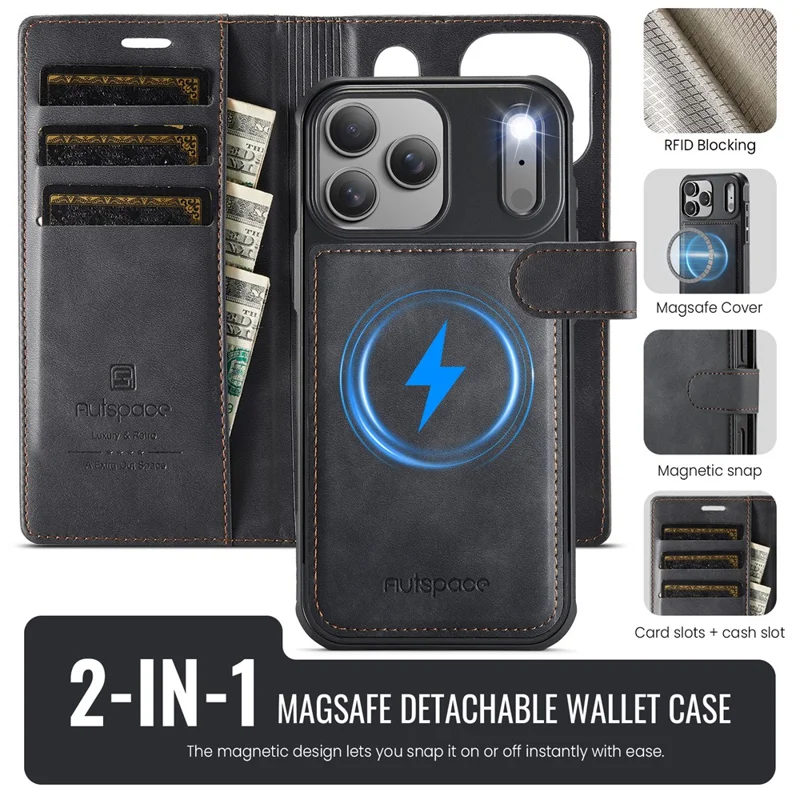 AUTSPACE A05 For iPhone 17 Pro Max Case Wallet Stand Detachable Leather Magnetic Phone Cover - Black