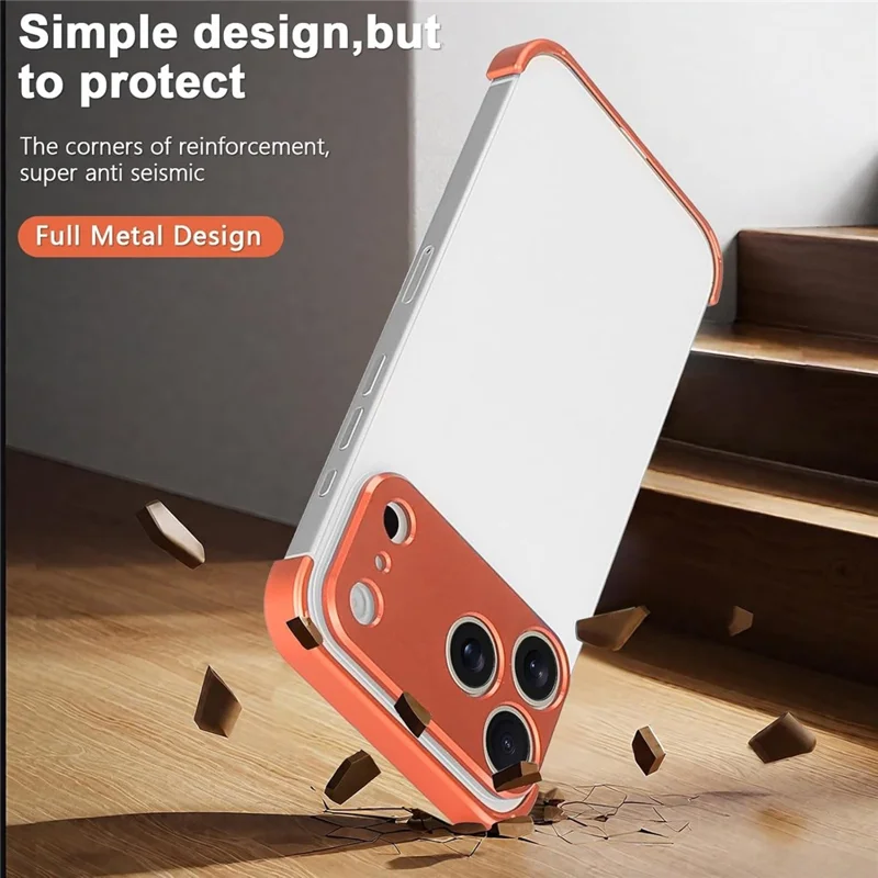 For iPhone 17 Pro Max Frameless Case Titanium Alloy Phone Corner Pad  Bumper Cover with Camera Lens Protector - Orange