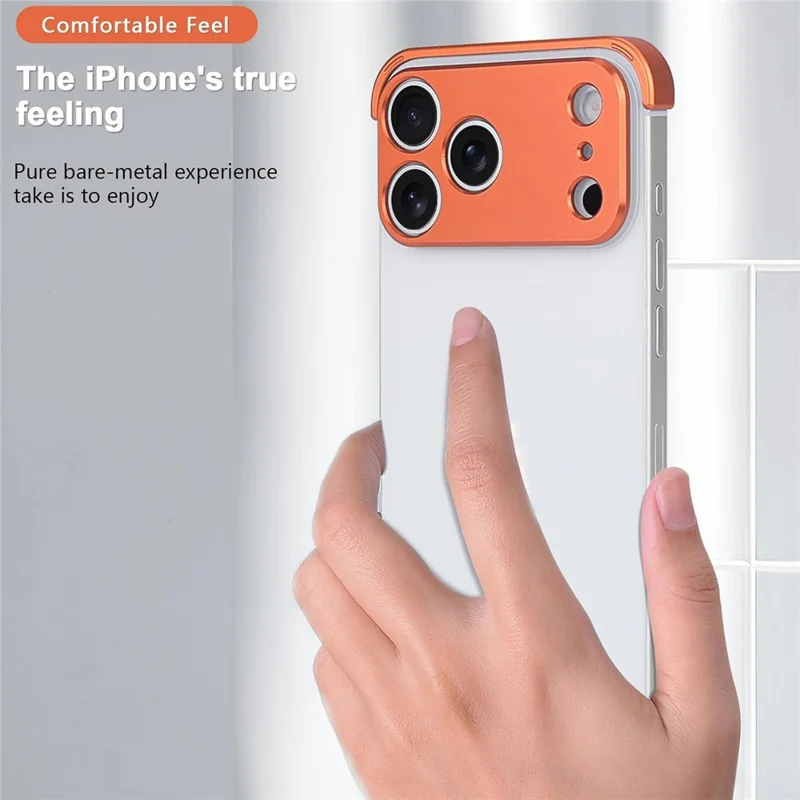 For iPhone 17 Pro Max Frameless Case Titanium Alloy Phone Corner Pad  Bumper Cover with Camera Lens Protector - Orange