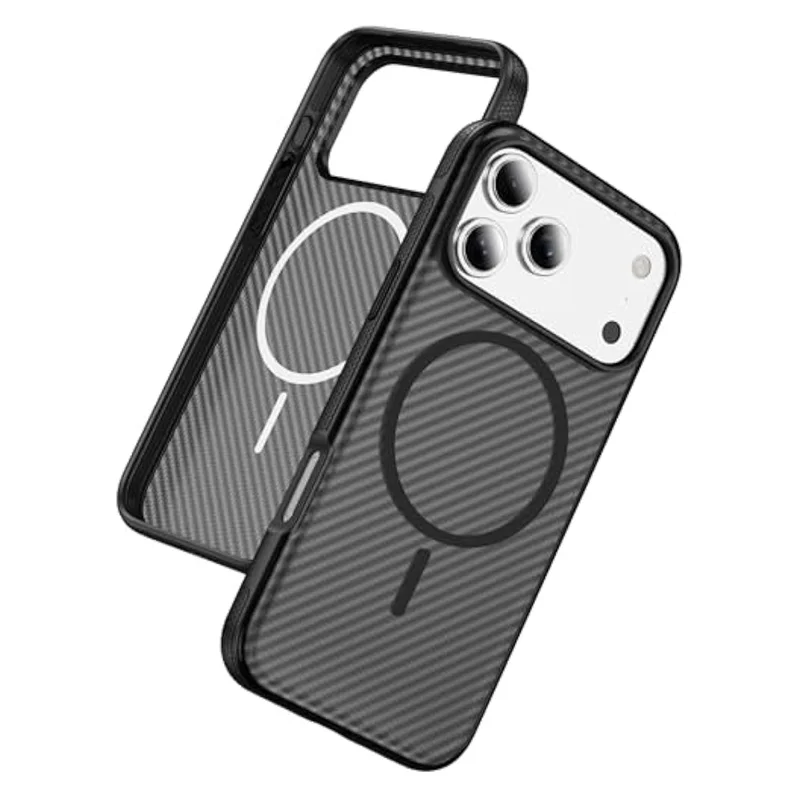 Funda magnética para iPhone 17 Pro Max con textura de fibra de carbono, carcasa antideslizante de PC + TPU compatible con MagSafe - Negro