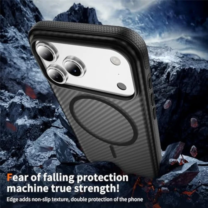 Funda magnética para iPhone 17 Pro Max con textura de fibra de carbono, carcasa antideslizante de PC + TPU compatible con MagSafe - Negro