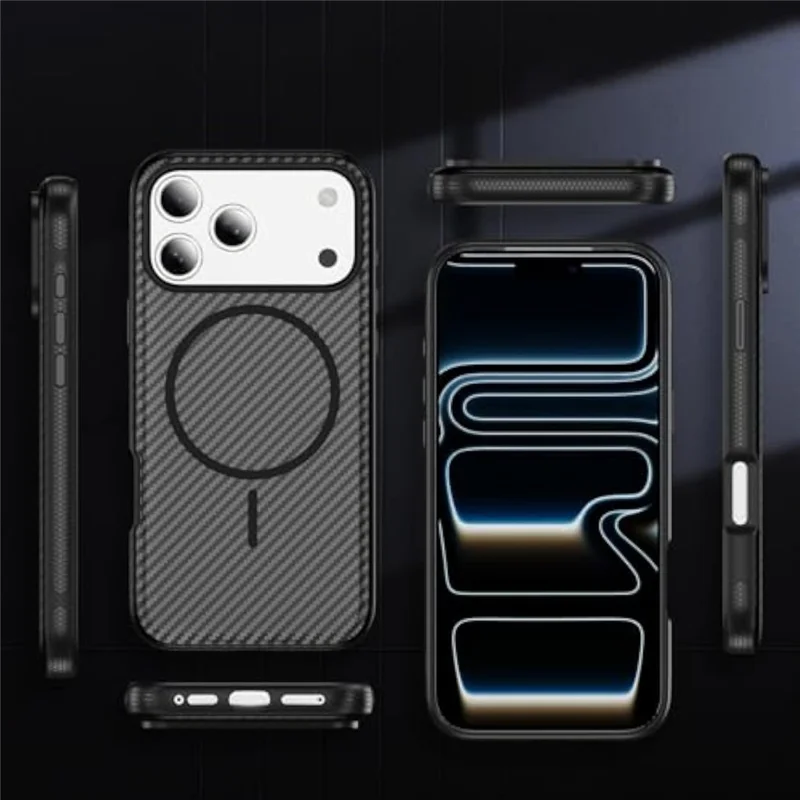 Funda magnética para iPhone 17 Pro Max con textura de fibra de carbono, carcasa antideslizante de PC + TPU compatible con MagSafe - Negro