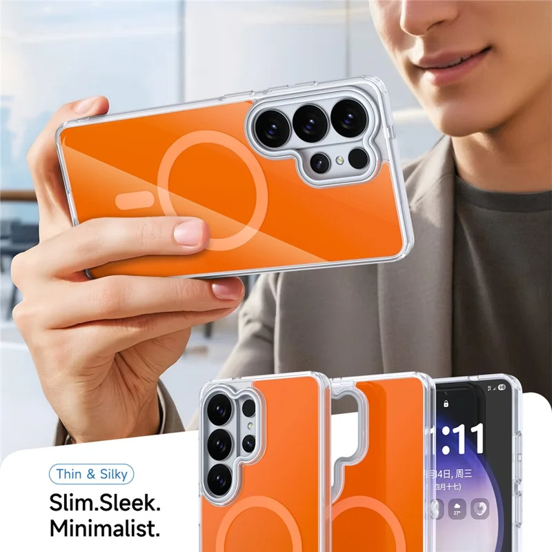 Bulk Purchasing For Samsung Galaxy S26 Ultra Magnetic Case TPU Acrylic Anti-drop Phone Cover with Metal Lens Frame   - Orange