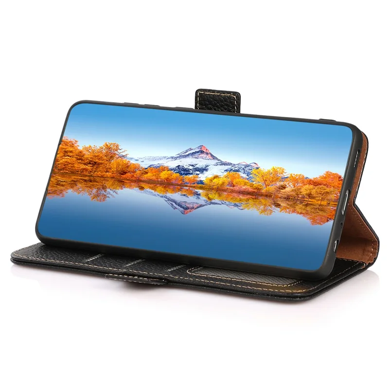 KHAZNEH für Samsung Galaxy A57 Handyhülle Echtes Rindsleder Cover RFID-Schutz - Schwarz