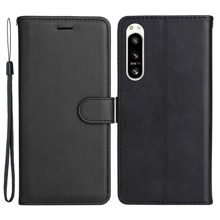 KT Leder Serie-2 Für Sony Xperia 5 IV 5G PU Leder Solid Color Case Magnetic Clasp Phone Ständer Brieftasche Mit Riemen - Schwarz