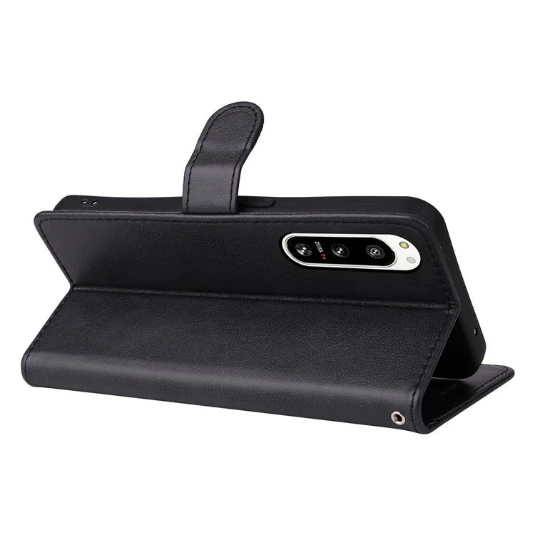 KT Leder Serie-2 Für Sony Xperia 5 IV 5G PU Leder Solid Color Case Magnetic Clasp Phone Ständer Brieftasche Mit Riemen - Schwarz