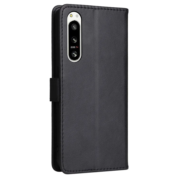 KT Leder Serie-2 Für Sony Xperia 5 IV 5G PU Leder Solid Color Case Magnetic Clasp Phone Ständer Brieftasche Mit Riemen - Schwarz