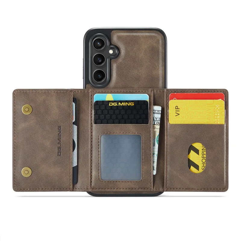 DG.MING M5 Series Capa para Samsung Galaxy S26 Carteira com Bloqueio RFID e Bolso com Zíper Suporte Multicamadas para Cartões Bolsa Porta-Moedas - Café