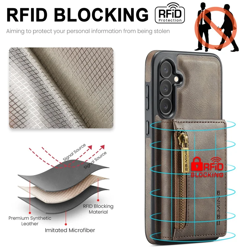 DG.MING M5 Series Capa para Samsung Galaxy S26 Carteira com Bloqueio RFID e Bolso com Zíper Suporte Multicamadas para Cartões Bolsa Porta-Moedas - Café