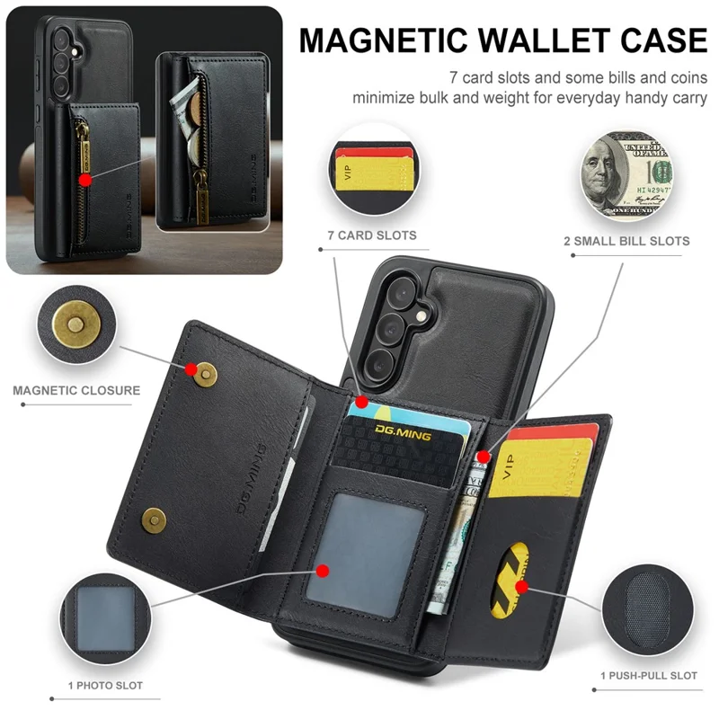 DG.MING M5 Series For Samsung Galaxy S26+ Case Detachable Magnetic Leather Phone Cover with Card Slots - Black