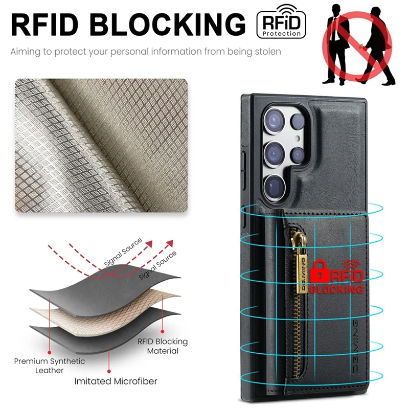 DG.MING M5 Series Capa para Samsung Galaxy S26 Ultra com Carteira com Bloqueio RFID e Bolsa com Zíper, Suporte para Várias Camadas de Cartões e Porta-Moedas - Preto