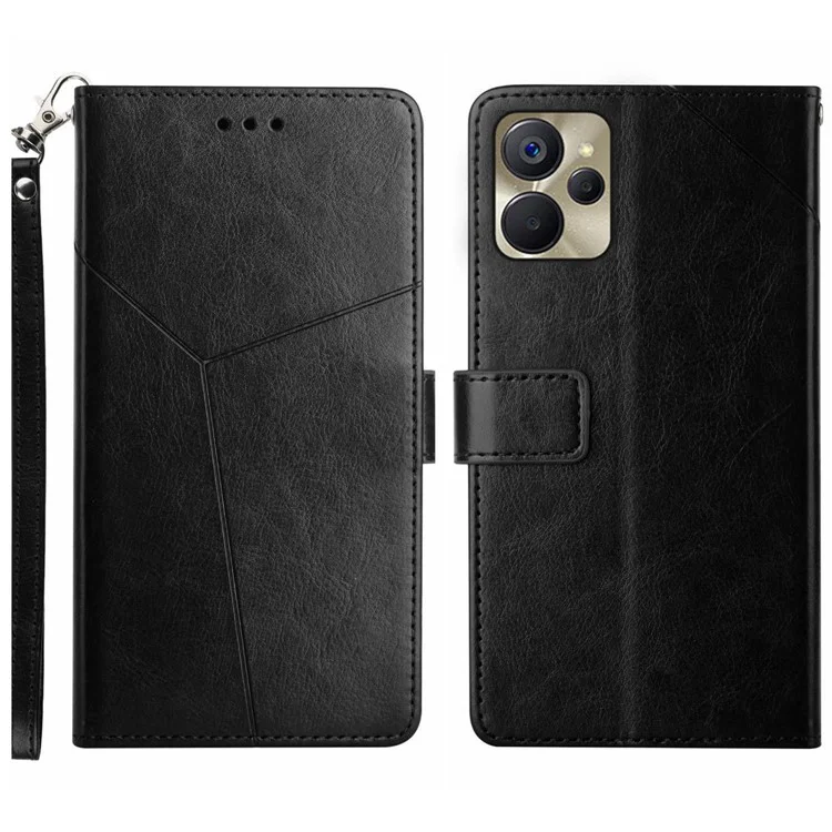 Für Realme 9i 5g / 10 5G HT01 Geprinte Y-förmige Linien PU Leder Hülle Brieftasche Folio Flip Phone Stand Cover Mit Riemen - Schwarz