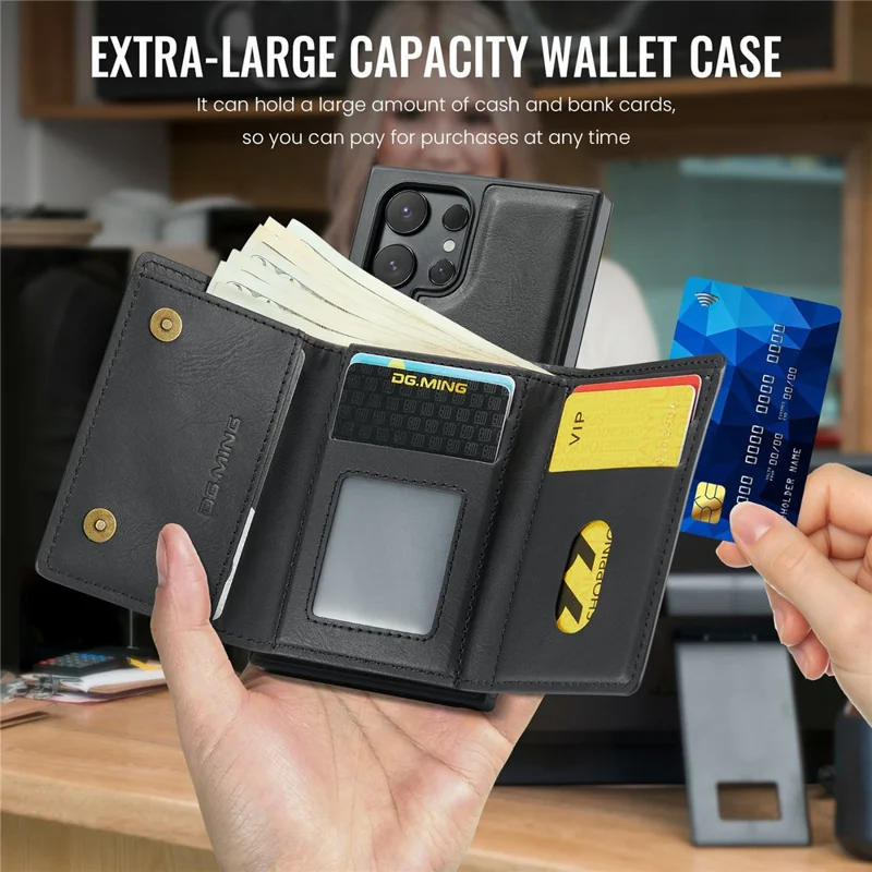DG.MING Serie M6 para Samsung Galaxy S26 Ultra Funda con Billetera con Bloqueo RFID, Soporte Multicapa para Tarjetas, Bolsa para Monedas - Negro