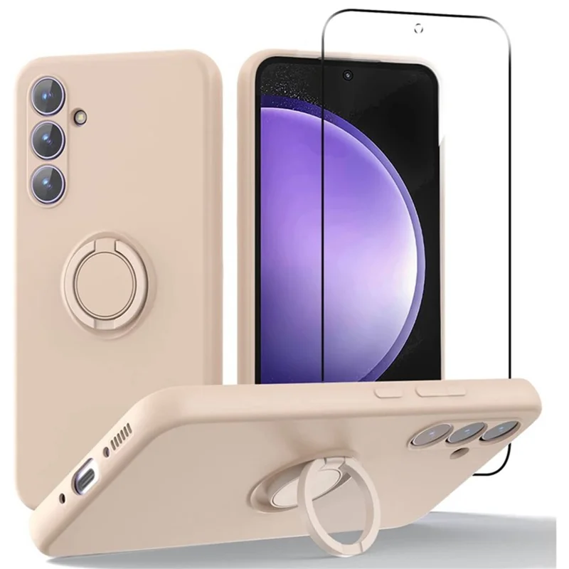 Cover per Samsung Galaxy A37 in Silicone Liquido con Supporto Girevole e Pellicola in Vetro Temperato con Bordo Curvo 2.5D - Rosa