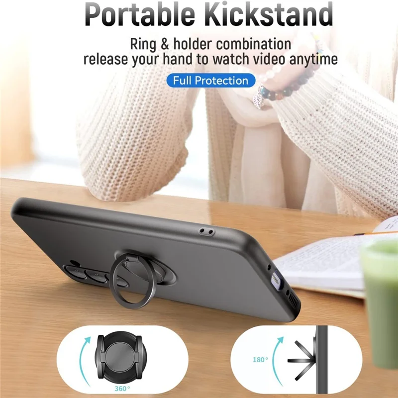 For Samsung Galaxy A37 5G Case Liquid Silicone Kickstand Cover with 2.5D Arc Edge Tempered Glass Film - Black