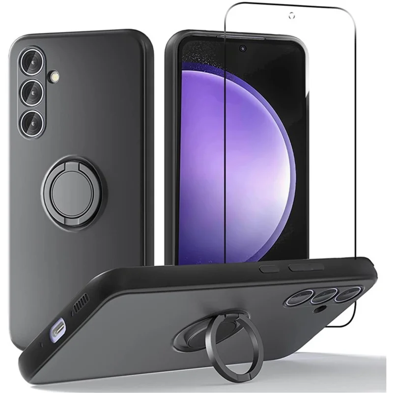 For Samsung Galaxy A57 5G Case Liquid Silicone Kickstand Cover with 2.5D Arc Edge Tempered Glass Film - Black