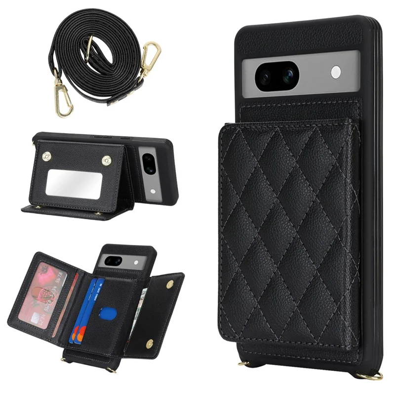 For Google Pixel 7a Case with Lanyard   /   Mirror   /   Card Holder Grids Pattern RFID Blocking Phone Cover - Black
