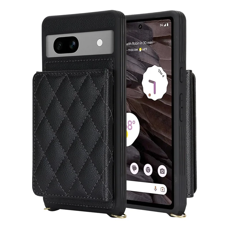 For Google Pixel 7a Case with Lanyard   /   Mirror   /   Card Holder Grids Pattern RFID Blocking Phone Cover - Black