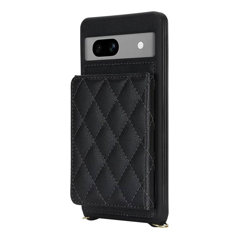 For Google Pixel 7a Case with Lanyard   /   Mirror   /   Card Holder Grids Pattern RFID Blocking Phone Cover - Black
