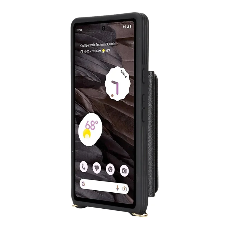 For Google Pixel 7a Case with Lanyard   /   Mirror   /   Card Holder Grids Pattern RFID Blocking Phone Cover - Black