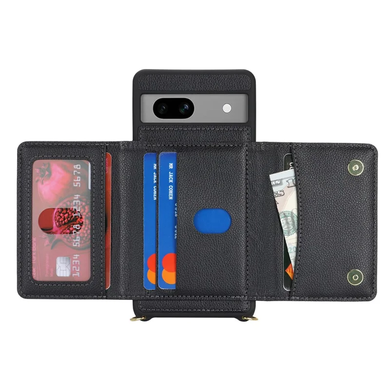 For Google Pixel 7a Case with Lanyard   /   Mirror   /   Card Holder Grids Pattern RFID Blocking Phone Cover - Black