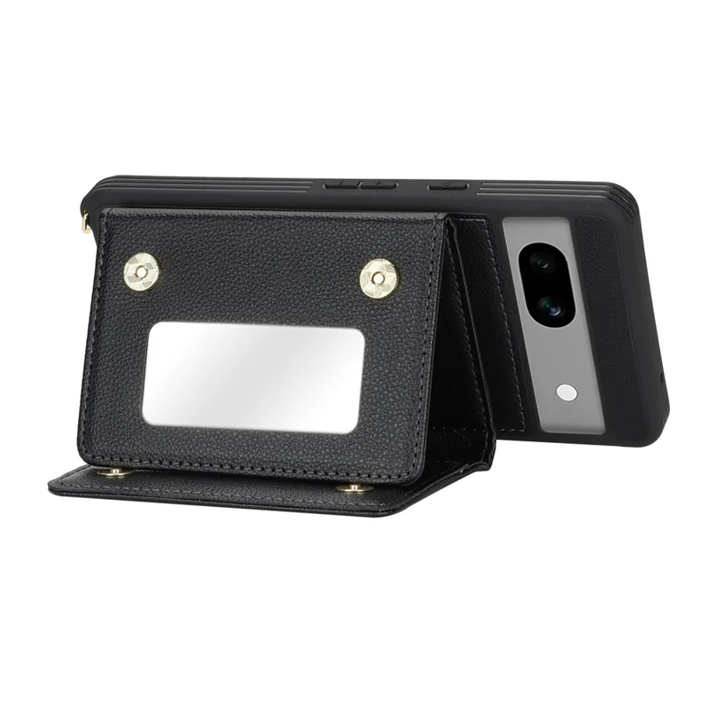 For Google Pixel 7a Case with Lanyard   /   Mirror   /   Card Holder Grids Pattern RFID Blocking Phone Cover - Black