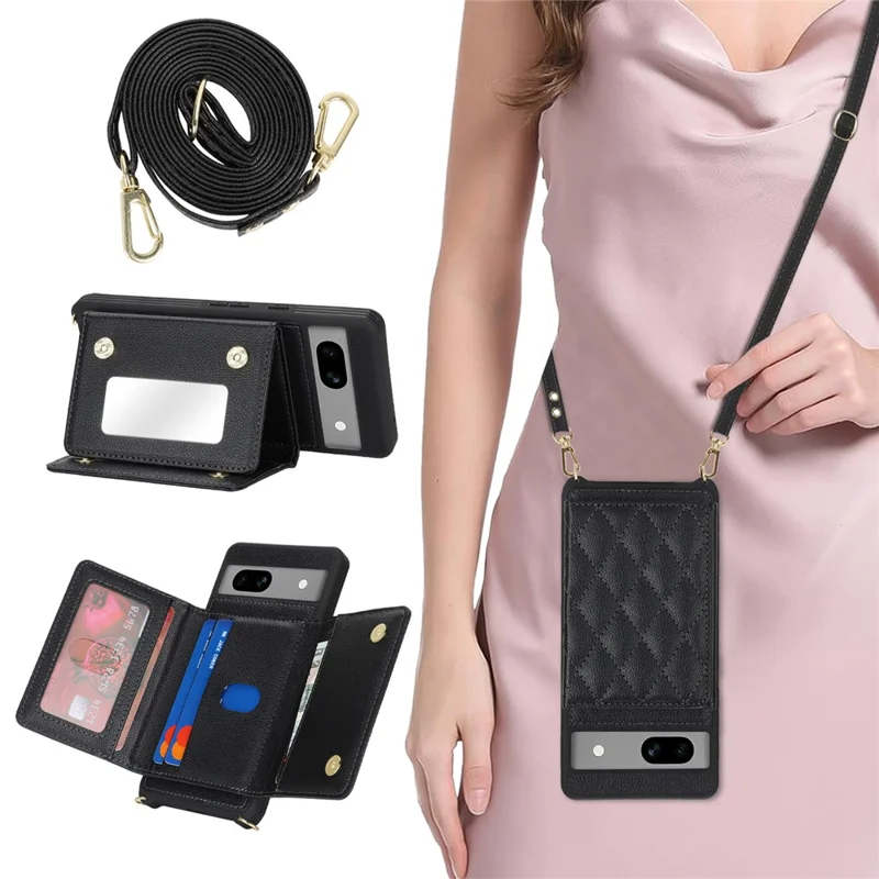 For Google Pixel 7a Case with Lanyard   /   Mirror   /   Card Holder Grids Pattern RFID Blocking Phone Cover - Black