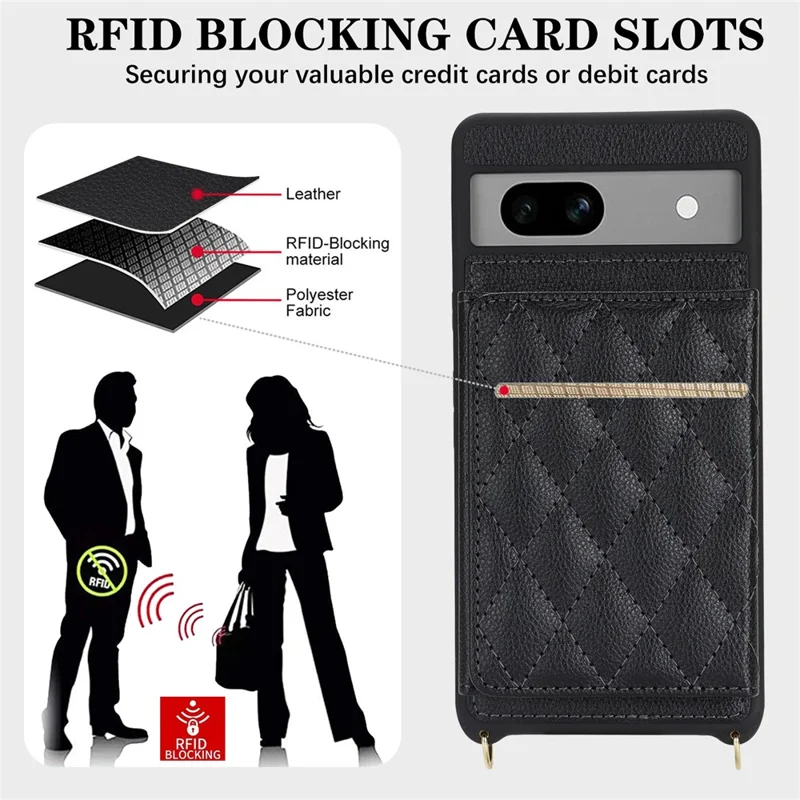 For Google Pixel 7a Case with Lanyard   /   Mirror   /   Card Holder Grids Pattern RFID Blocking Phone Cover - Black
