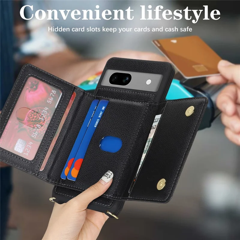 For Google Pixel 7a Case with Lanyard   /   Mirror   /   Card Holder Grids Pattern RFID Blocking Phone Cover - Black