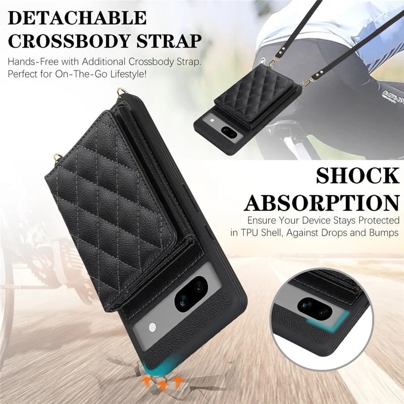 For Google Pixel 7a Case with Lanyard   /   Mirror   /   Card Holder Grids Pattern RFID Blocking Phone Cover - Black