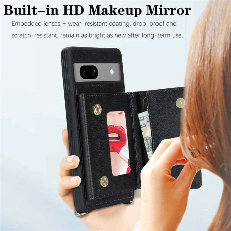 For Google Pixel 7a Case with Lanyard   /   Mirror   /   Card Holder Grids Pattern RFID Blocking Phone Cover - Black