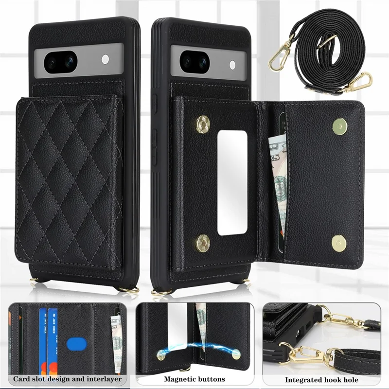 For Google Pixel 7a Case with Lanyard   /   Mirror   /   Card Holder Grids Pattern RFID Blocking Phone Cover - Black