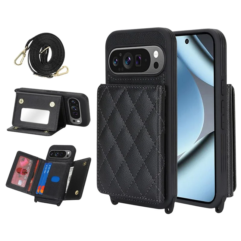 Phone Case For Google Pixel 10  /  10 Pro with Lanyard   /   Mirror   /   Card Holder Grids Pattern RFID Blocking Phone Cover - Black