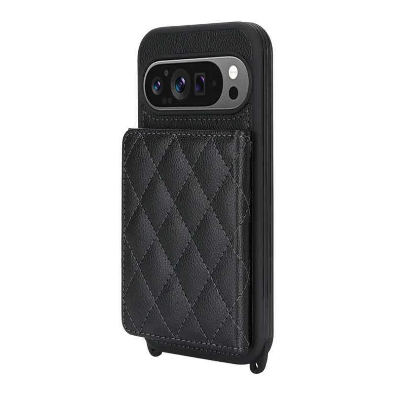 Phone Case For Google Pixel 10  /  10 Pro with Lanyard   /   Mirror   /   Card Holder Grids Pattern RFID Blocking Phone Cover - Black