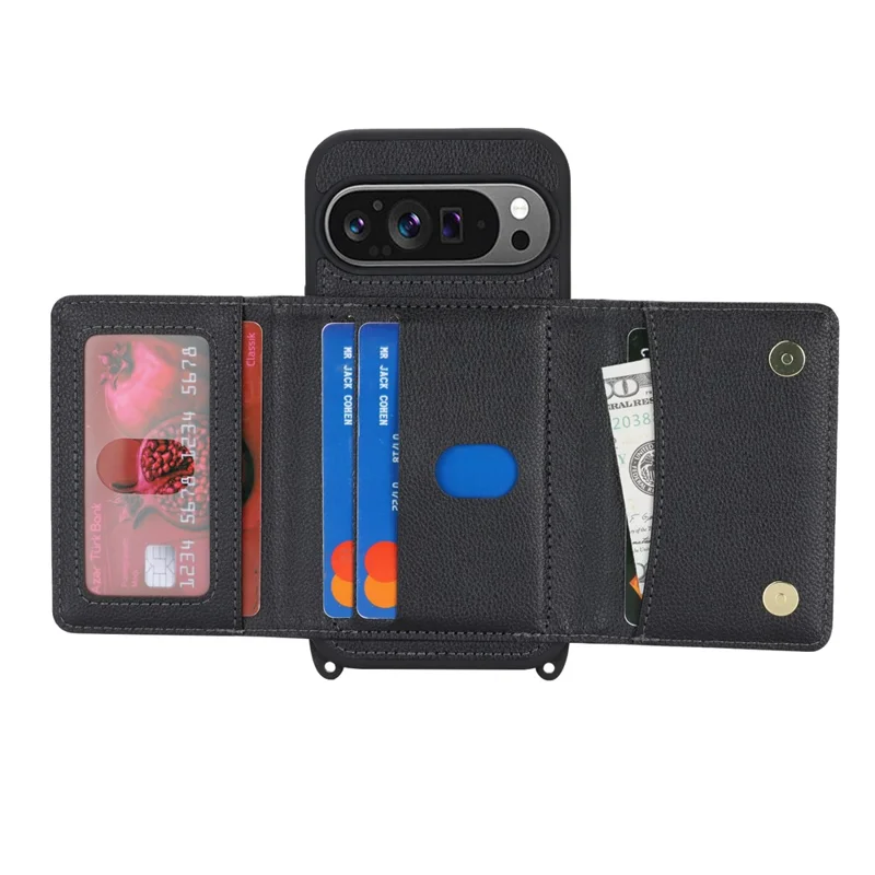 Phone Case For Google Pixel 10  /  10 Pro with Lanyard   /   Mirror   /   Card Holder Grids Pattern RFID Blocking Phone Cover - Black